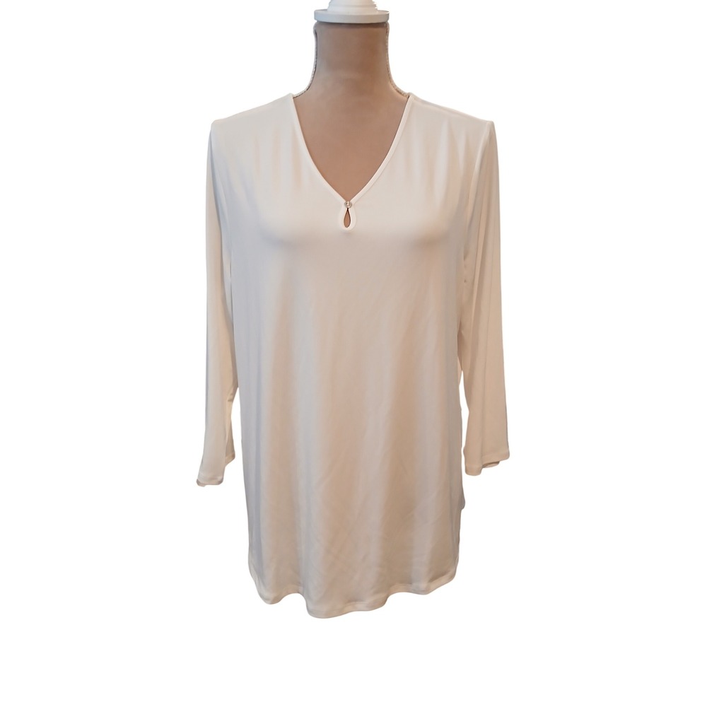 Chico's 2 Large White V-Neck Keyhole Button Long Sleeve Top Blouse Stretch Knit